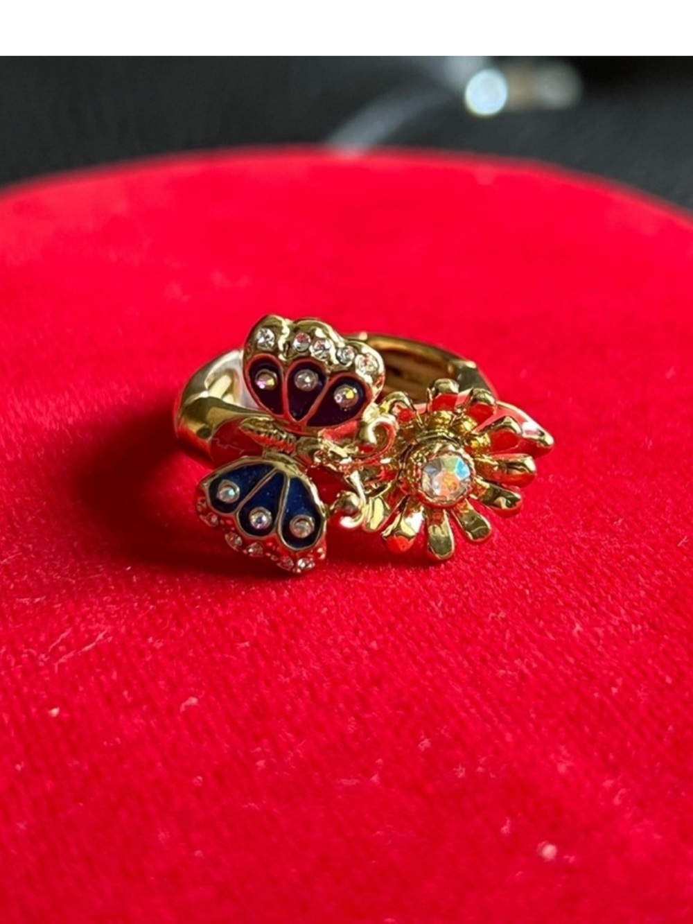 Betsey Johnson Gold-Tone Floral & Butterfly Adjustable Ring - Blue&Red Accents
